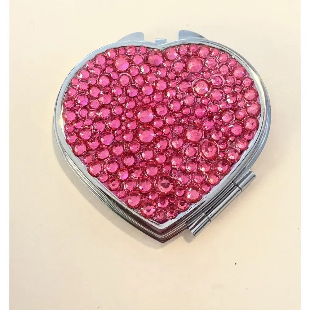 Hot Pink Heart Rhinestone Compact Mirror